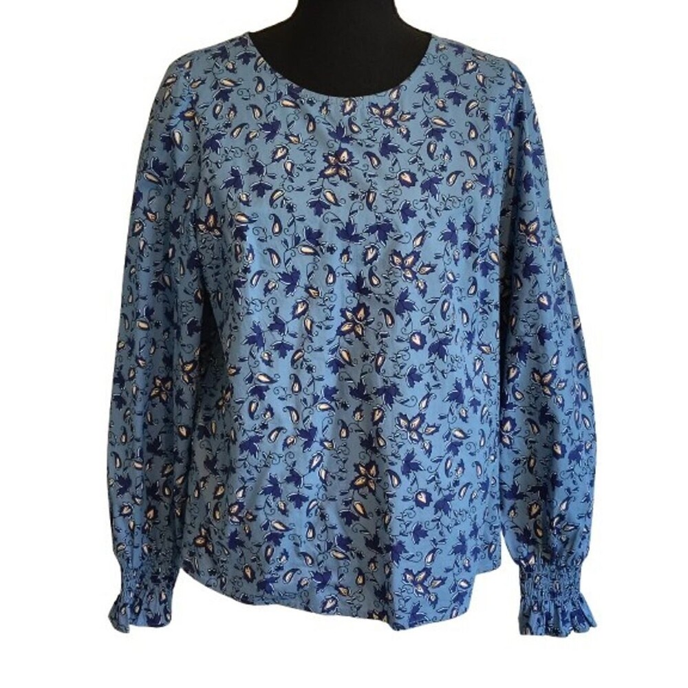 J.Crew Smocked-Cuff Popover Top in Paisley Blue - Size MP